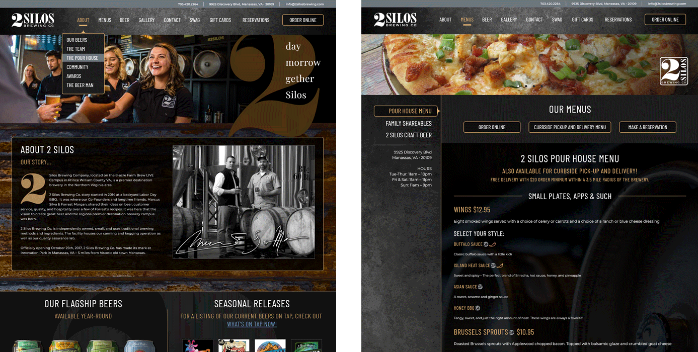 screen captures of two pages from 2 silos brewing company website