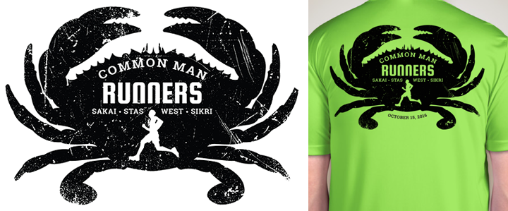 t-shirt design with a crab logo and words, common man runners