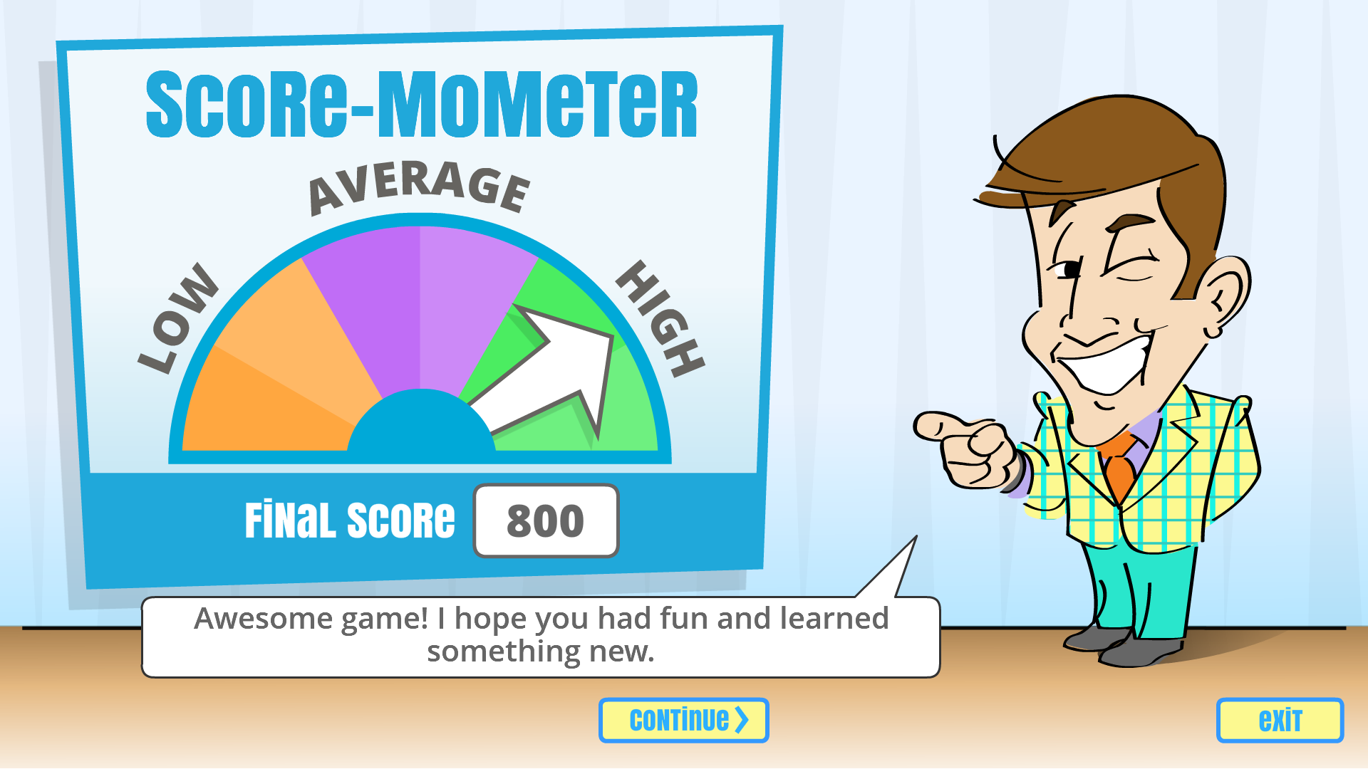 screen capture featuring a cartoon TV game show host, revealing the player's score