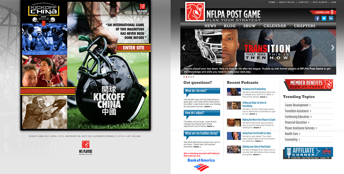 screen captures of two web pages from kickoff china and NFLPA websites