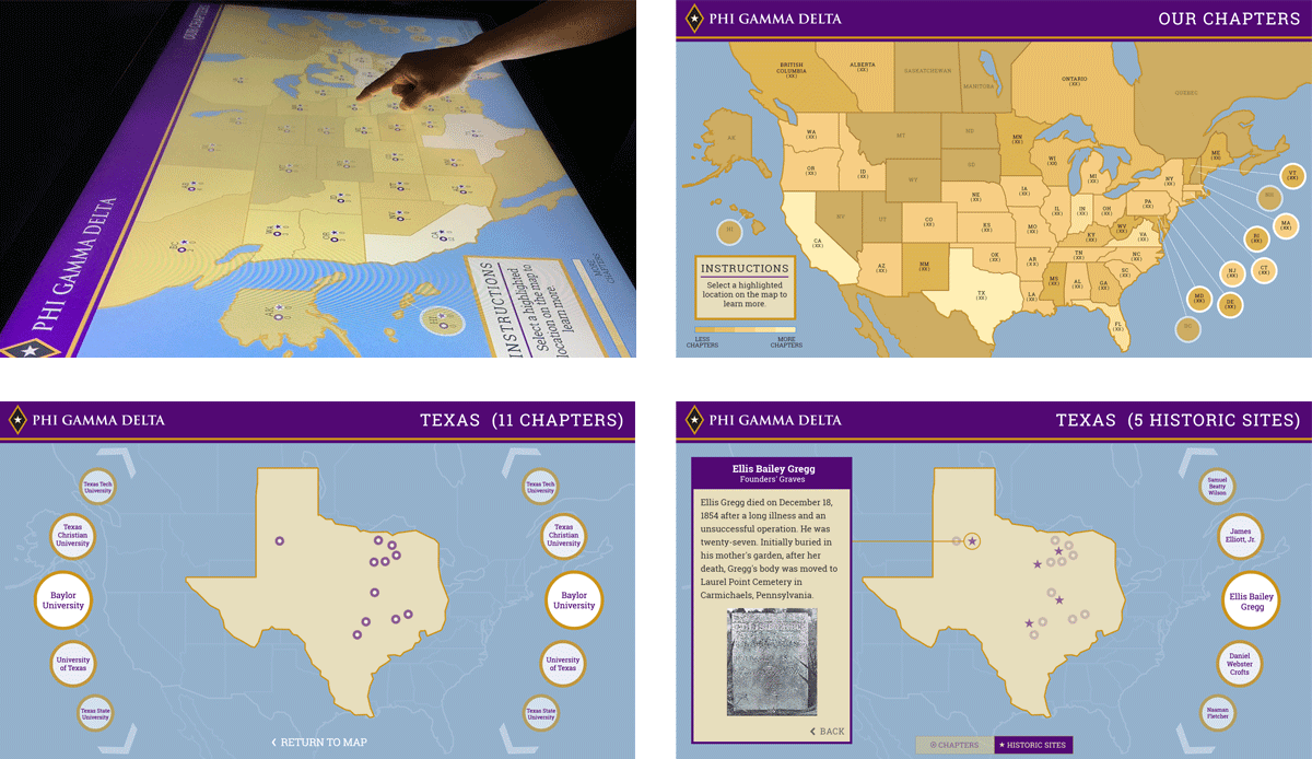 interactive touch table with large map of the US and someone making a selection with their finger