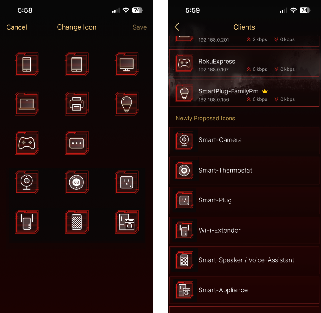 screen capture of newly proposed TP Link Teather App device icons, including; smart-camera, smart-thermostat, smart-plug, wifi extender, smart-speaker, and smart-appliance