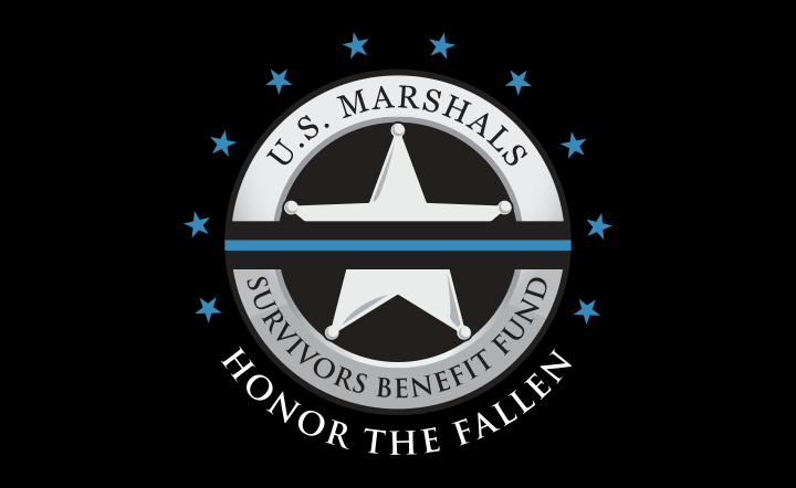 logo in the style of a U.S. marshal's badge, with a blue and black band going through it's middle. words surrounding the badge say, U.S. marchals survivors benefit fund, honor the fallen